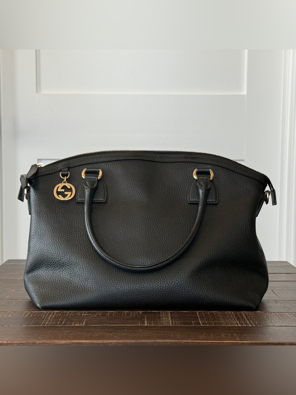 Gucci Black Pebbled Leather Satchel with Gold-Tone Charm